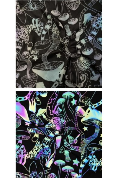 DG-CW  七彩印花  反光彈性布   瑜珈服裝   幻彩反光布   銀色印花反光布料   尺寸：幅寬1.45米   厚度：0.45  全滌/滌棉 /滌氨  度度：330~420cd/(lx.m)  特性：水洗 25次 （國際水洗標準 ISO6330.60度） 45度照